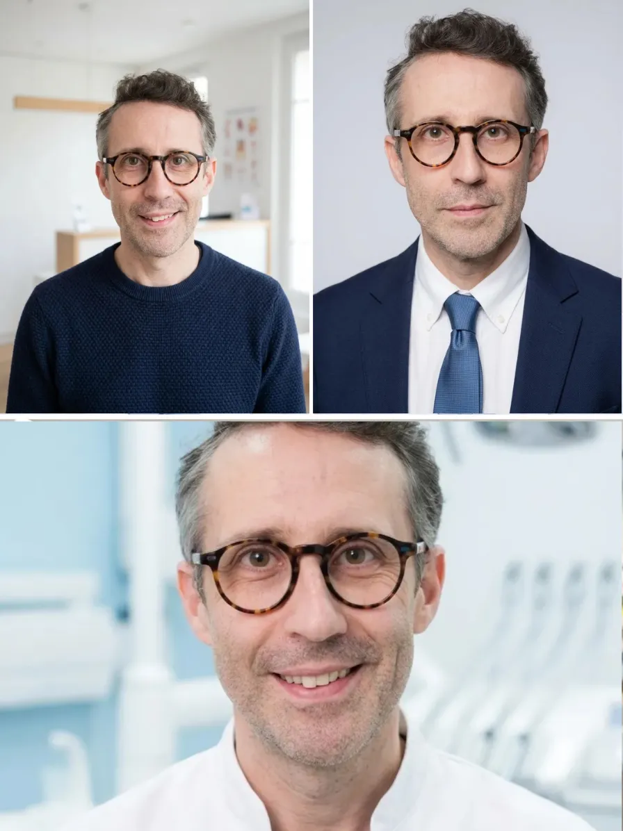 Portraits LinkedIn pour chirurgiens-dentistes — quatre styles sobres conformes au Code de déontologie et aux usages Doctolib