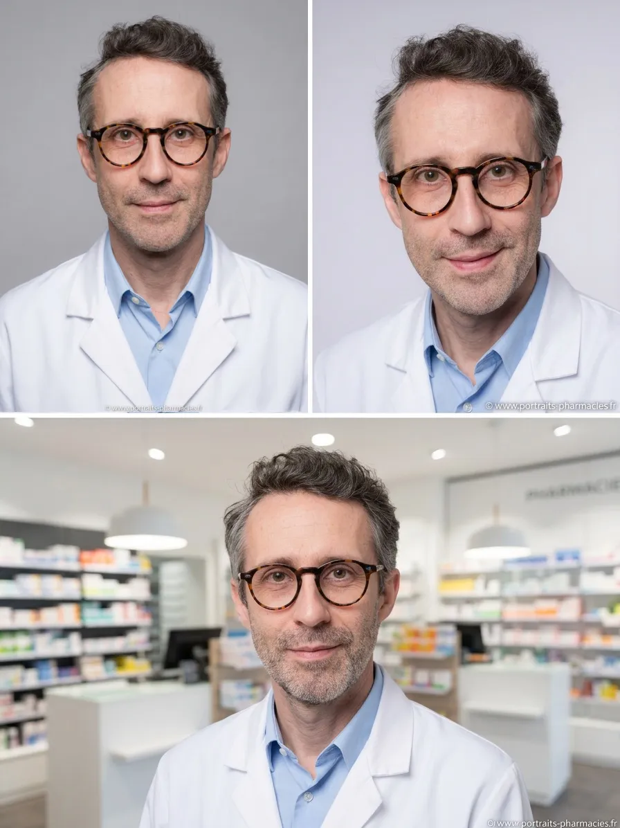 Portraits professionnels d'officine — exemple de cohérence visuelle compatible avec les chartes de groupements et les exigences déontologiques