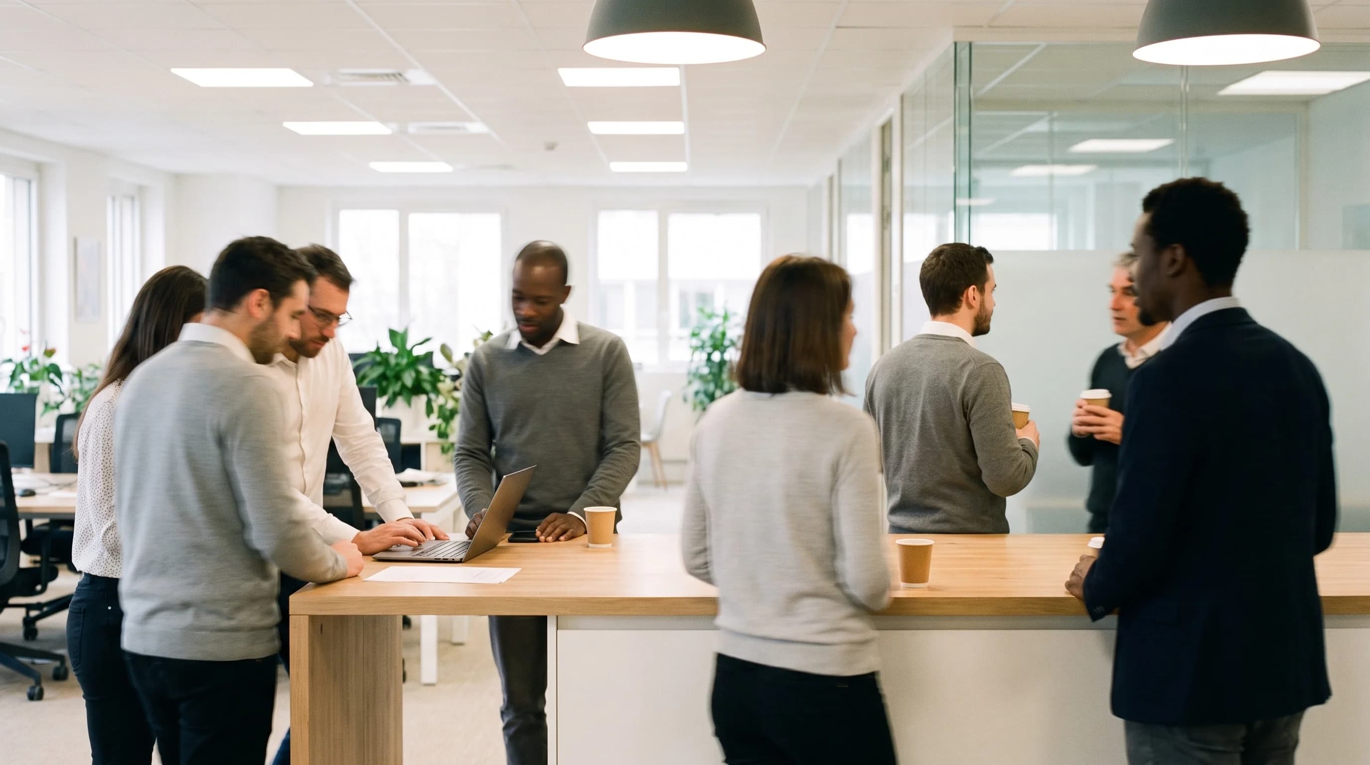 Ambiance de bureau dirigée en IA : équipe réunie debout autour d'une table haute en bois, ordinateurs portables et cafés, lumière naturelle latérale