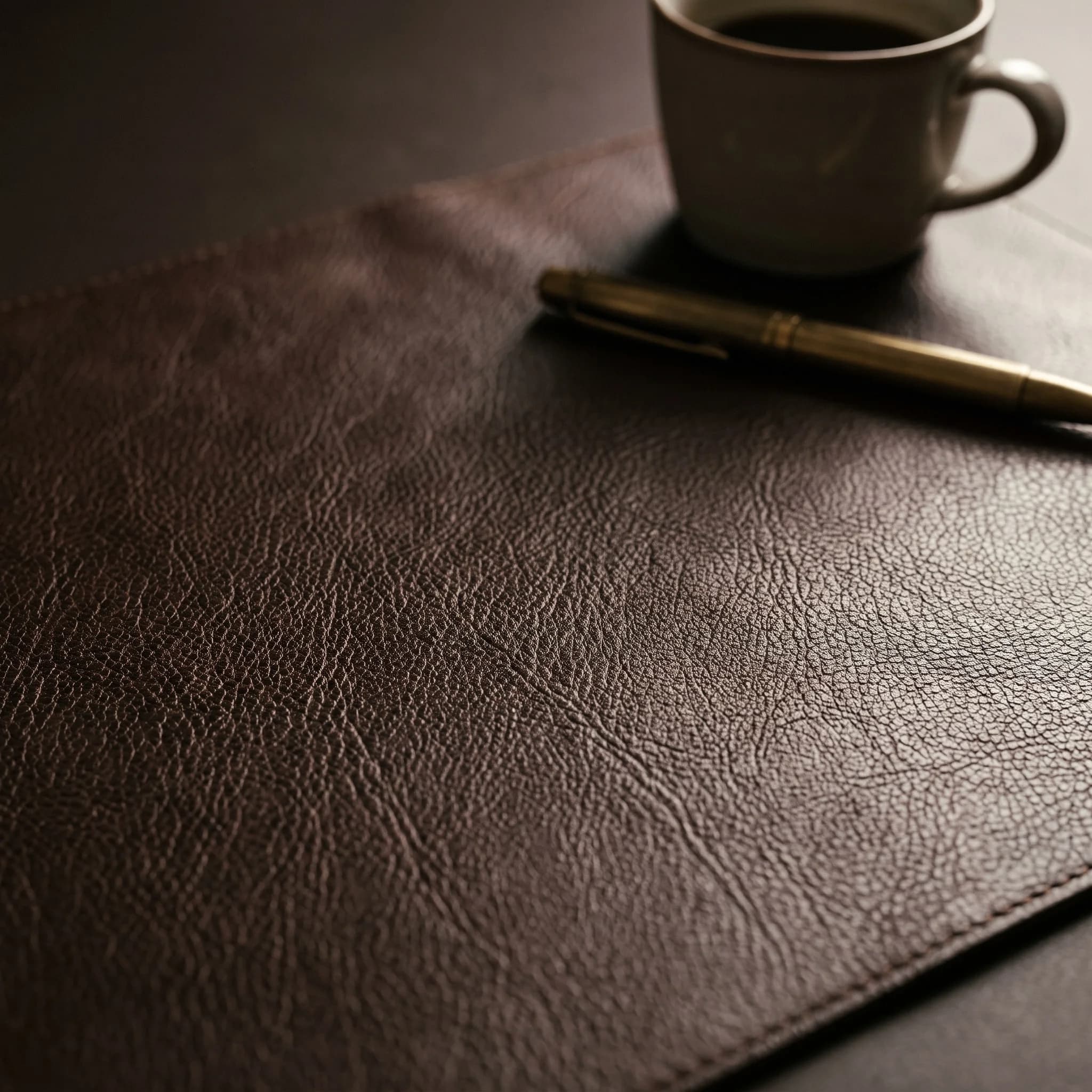 Détail de matière d'une série ambiance bureau : sous-main en cuir brun grainé, stylo laiton et tasse en grès, lumière rasante chaude