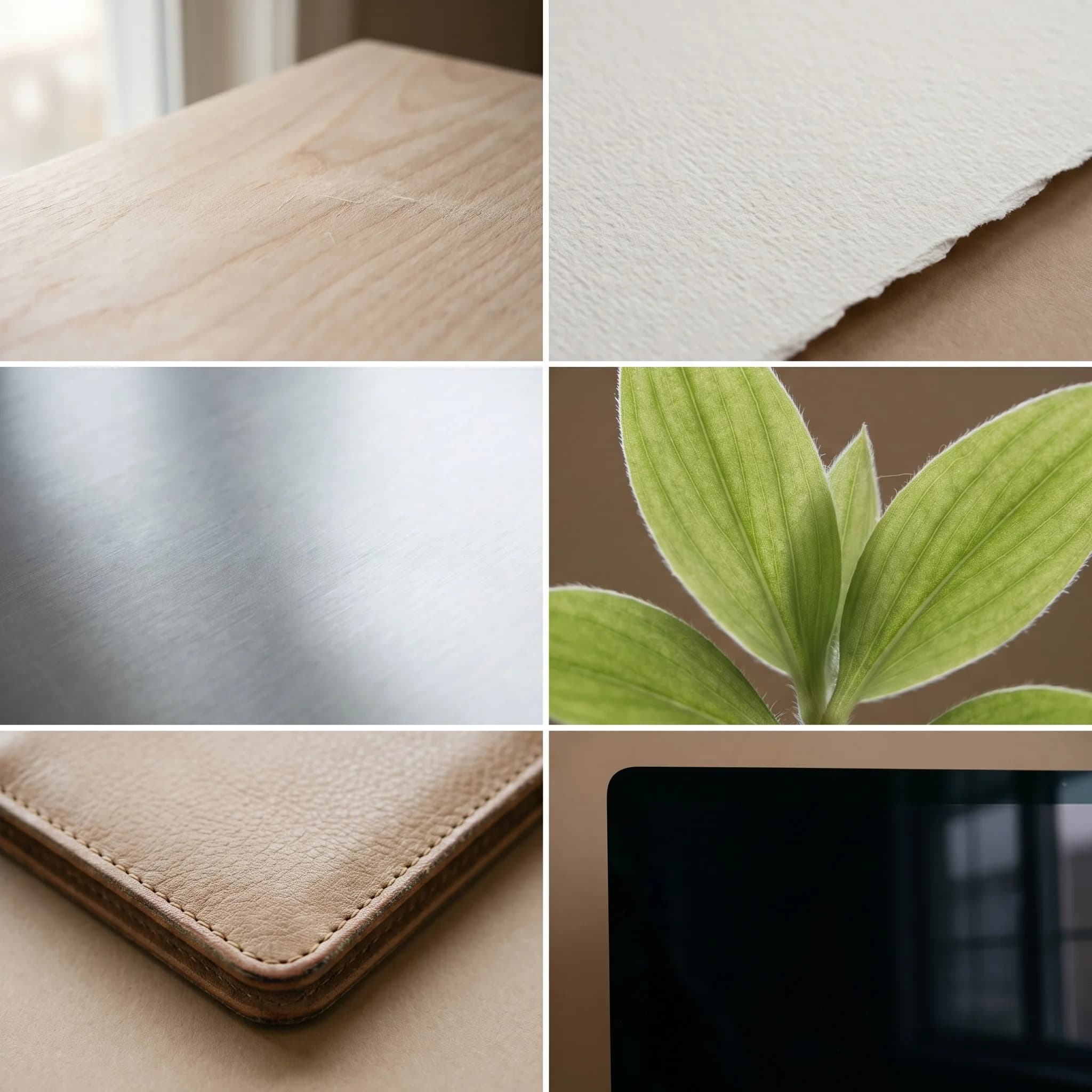 Nuancier de matières d'une série ambiance bureau : bois clair, papier à grain, métal brossé, feuillage vert, cuir beige et écran noir