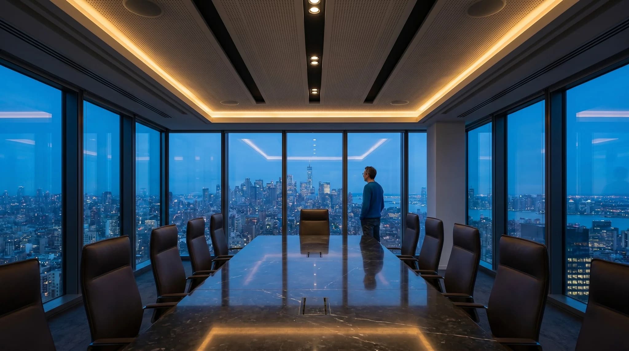Ambiance de bureau dirigée en IA : salle de conseil à l'heure bleue, table en marbre, une personne de dos face aux baies vitrées sur la ville
