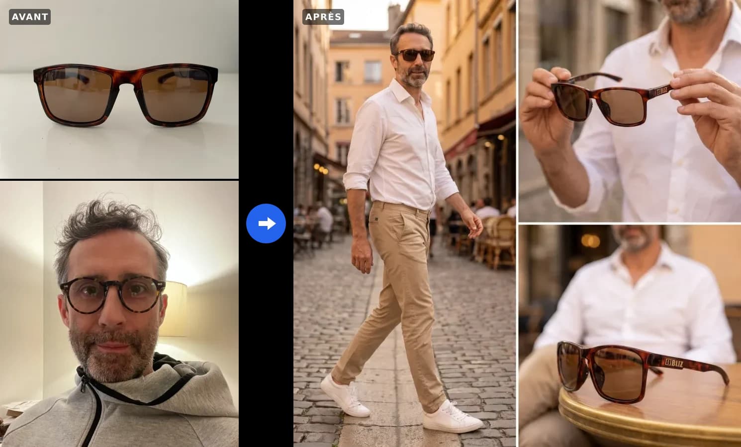 Avant / après campagne lunettes : à gauche un selfie pris en intérieur et une photo smartphone d'une paire de lunettes solaires, à droite une campagne dirigée par IA où le même sujet porte et présente le produit dans une rue de Lyon