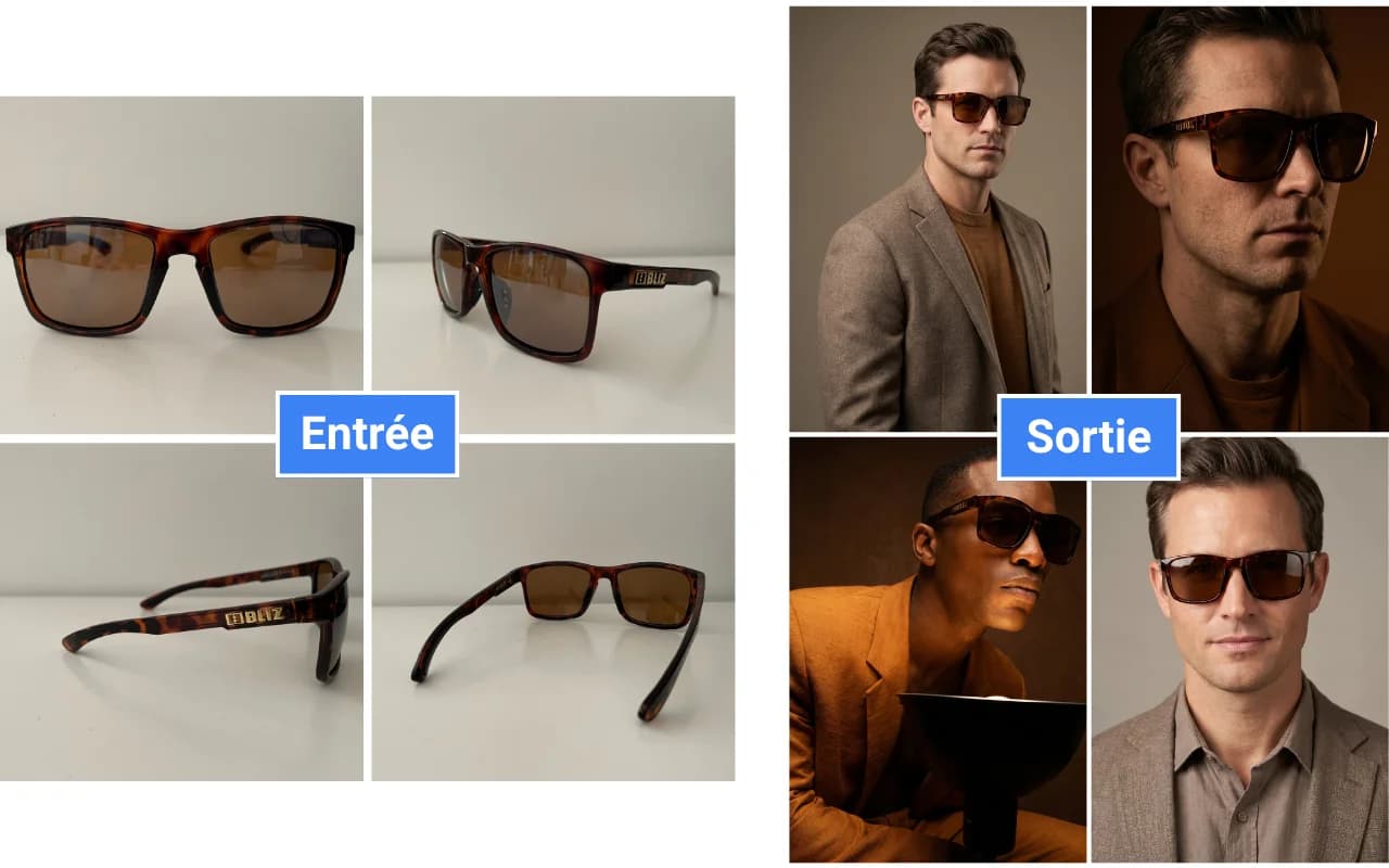 Avant / après packshot produit : à gauche la photo brute d'une paire de lunettes solaires, à droite le visuel e-commerce dirigé par IA — lumière et fond reconstruits