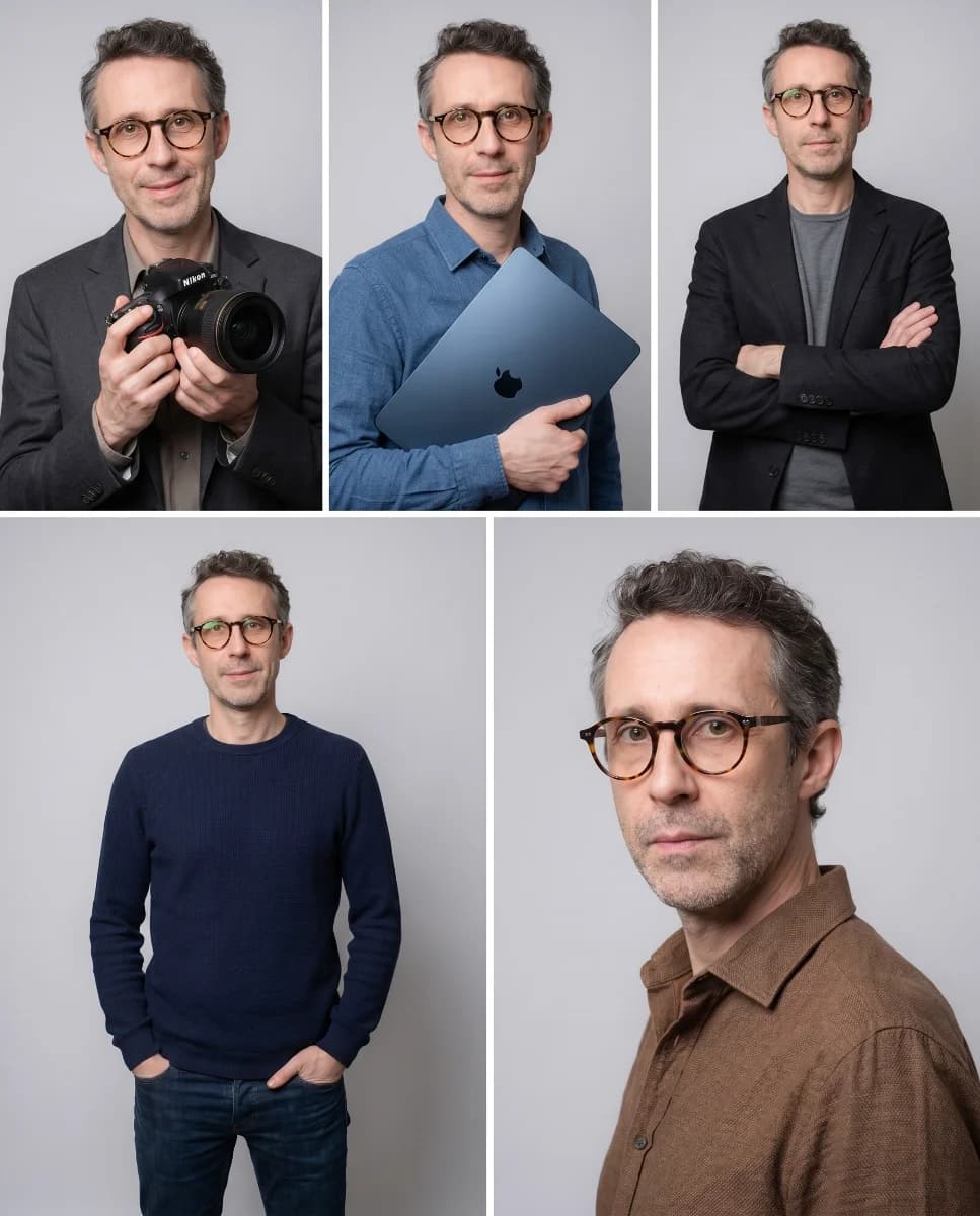 Cinq portraits studio dirigés du même sujet sur fond neutre : blazer, chemise, veste, cadrages du plan pied au gros plan, tous cohérents