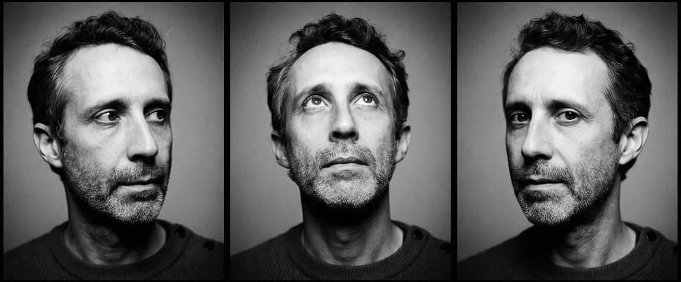 Contact sheet of three takes of the same portrait from a studio production: the center frame is kept, the two others are dropped at the sorting stage.