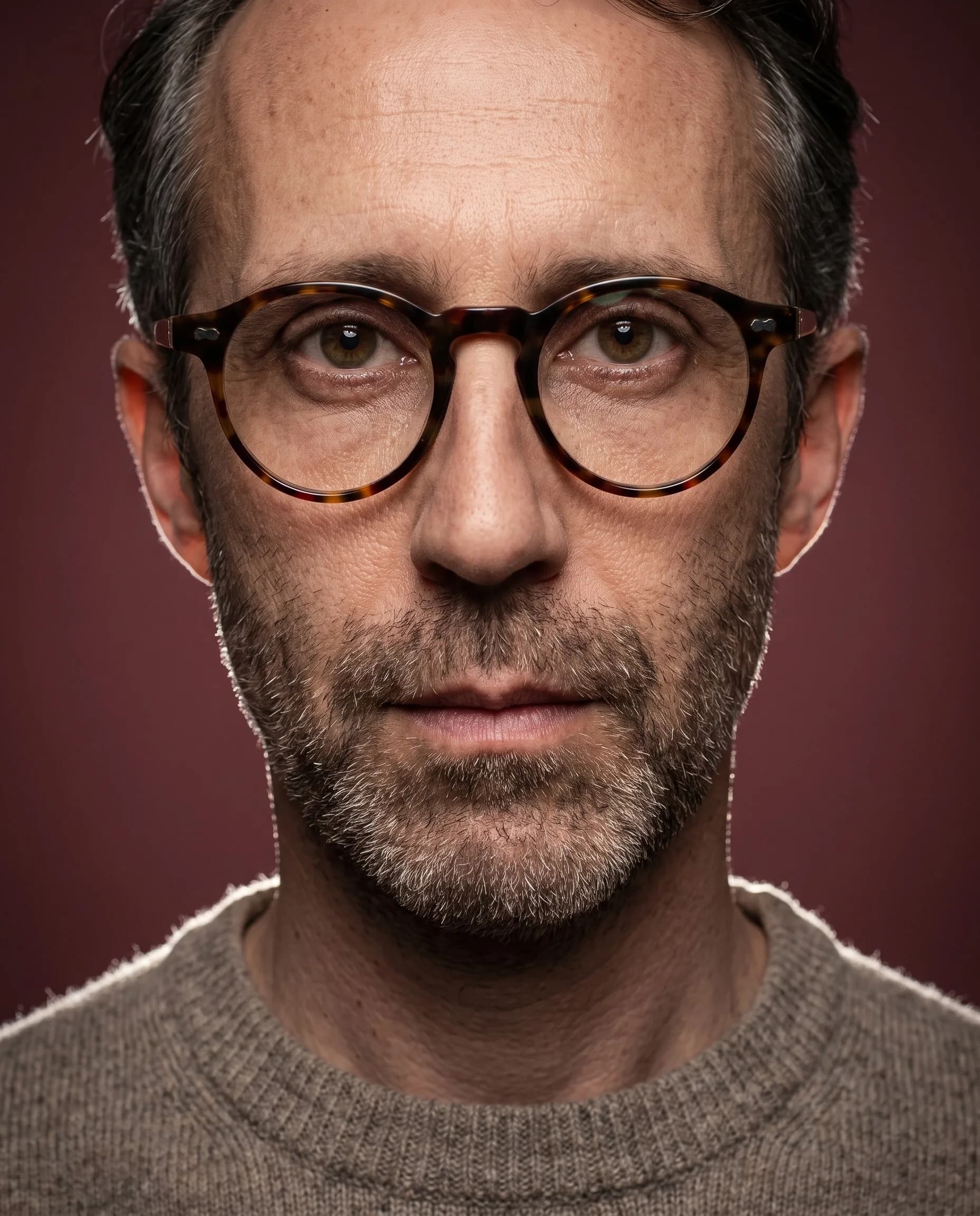 Beauty portrait directed with AI: tight close-up of a man in round tortoiseshell glasses against a deep burgundy background, side light raking across the skin.