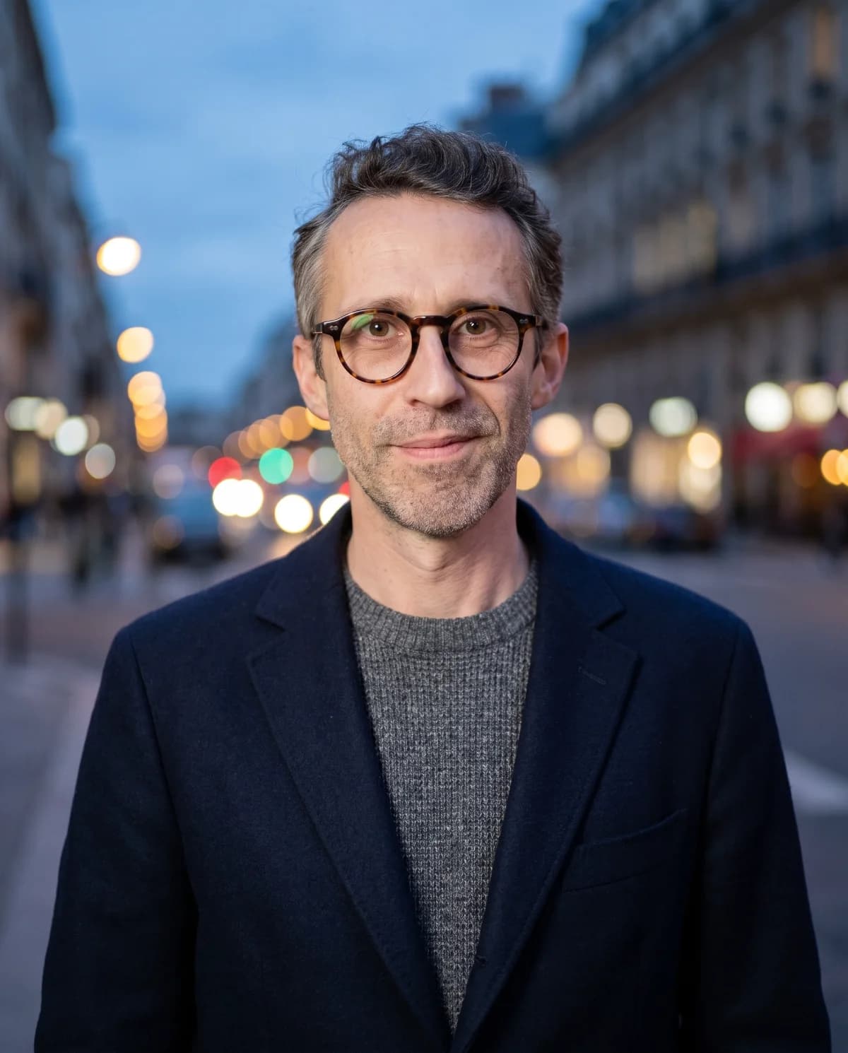 Founder portrait in an overcoat and grey knit at blue hour, lit shopfronts along the avenue behind.