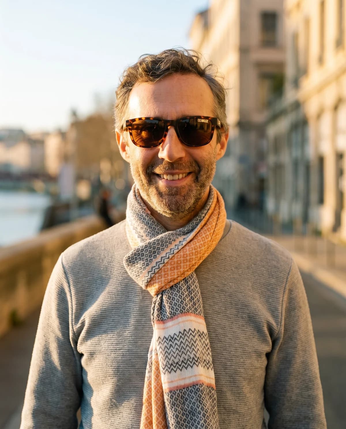 Founder portrait, smiling, scarf and sunglasses on a riverside walk, warm backlight at the end of the day.