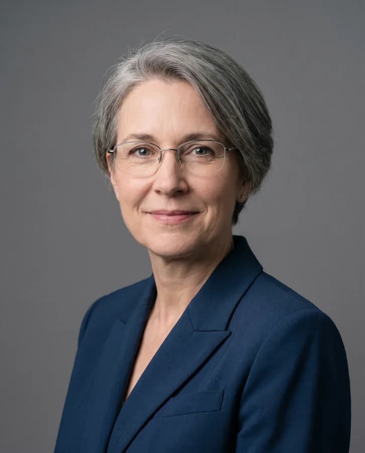Corporate portrait of a woman in her fifties, thin metal glasses, navy suit, grey studio background (demonstration, fictional person).