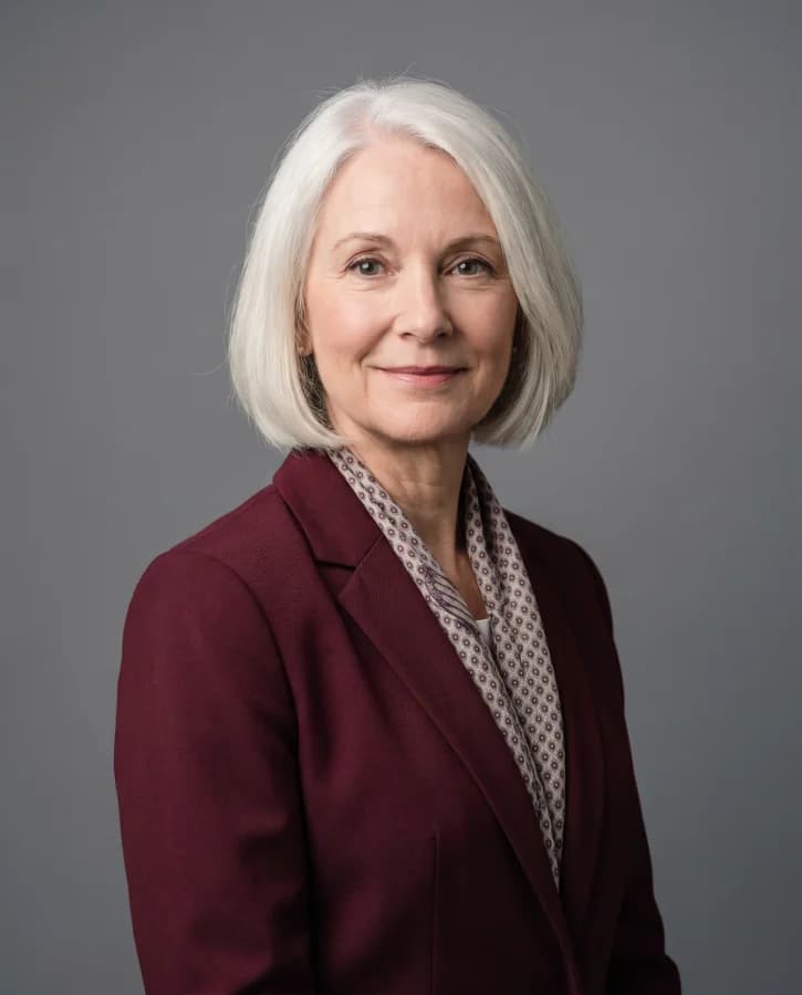 Corporate portrait of a woman in her sixties, white bob, burgundy jacket, grey studio background (demonstration, fictional person).