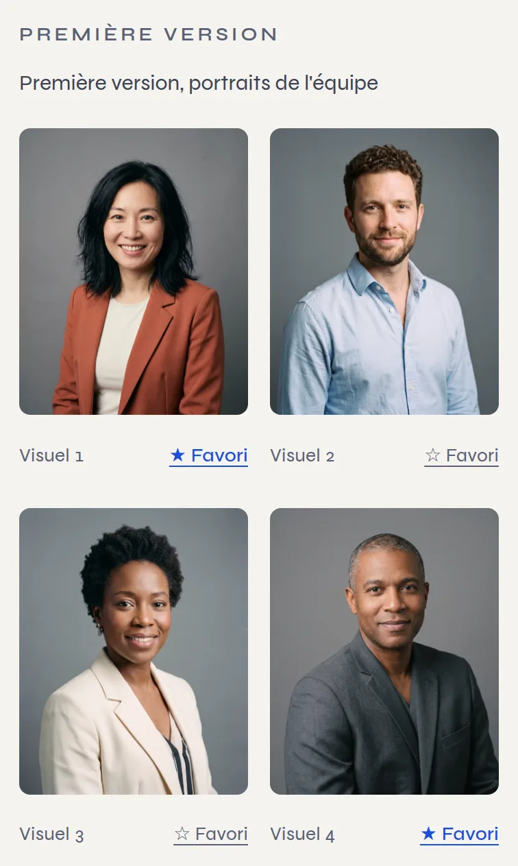 Première version présentée dans l'espace projet : portraits d'équipe numérotés, dont deux marqués en favoris, et, sur ordinateur, l'étape Versions à valider en cours.
