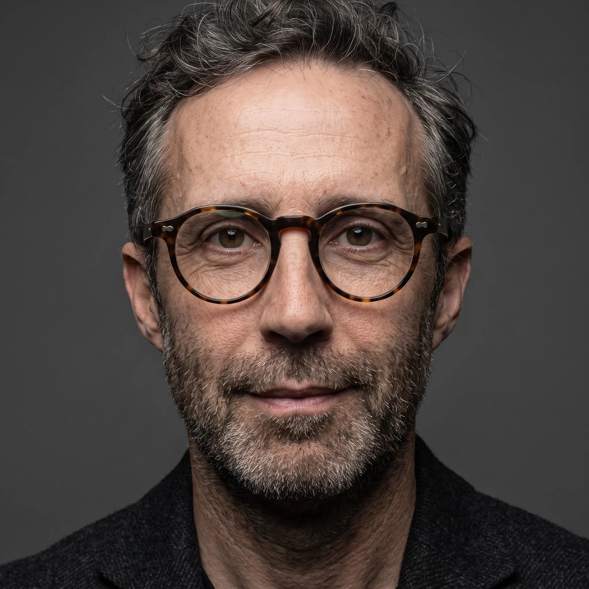 Portrait éditorial dirigé en IA : le même homme sur fond anthracite, lumière sculptée, écarté pour cet usage.