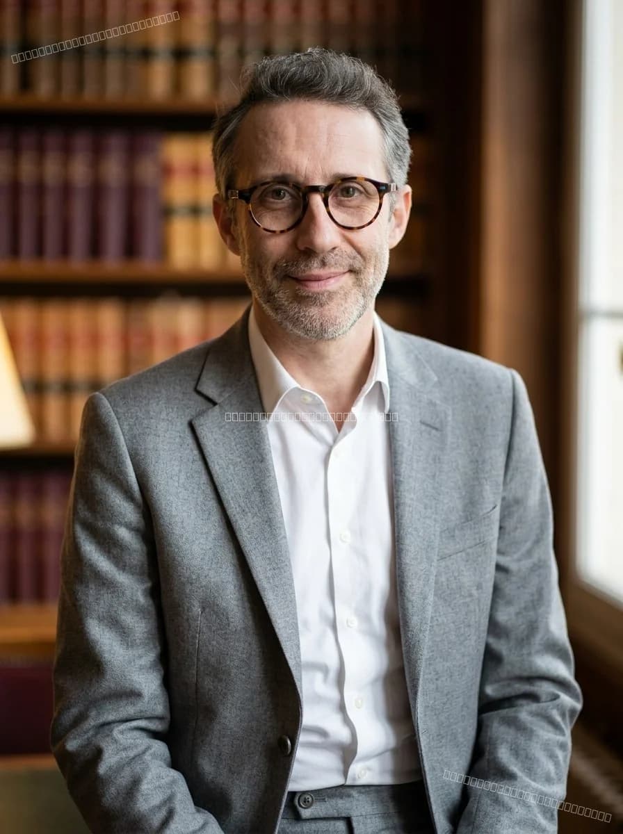 Portrait IA style étude — ambiance bureau, bibliothèque juridique en arrière-plan flou