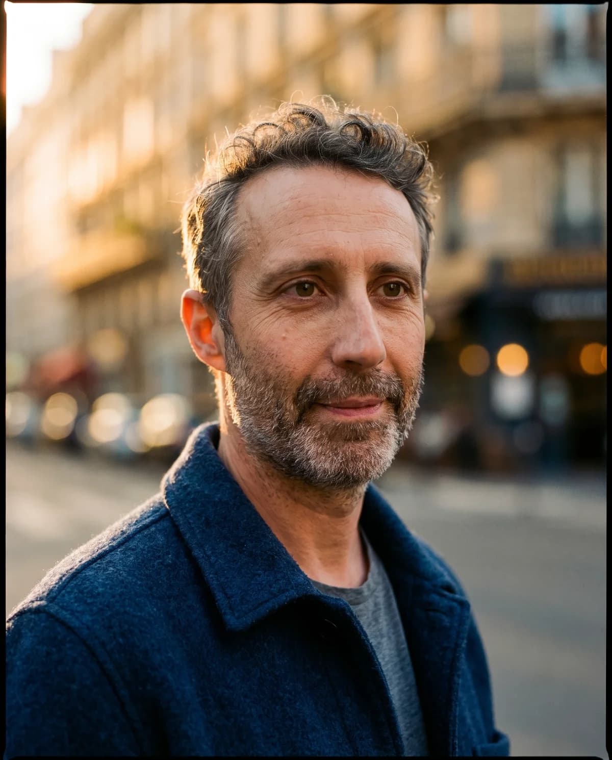 Portrait de personal branding dirigé en IA : homme en veste de laine bleue dans une rue haussmannienne, lumière dorée de fin de journée, rendu argentique
