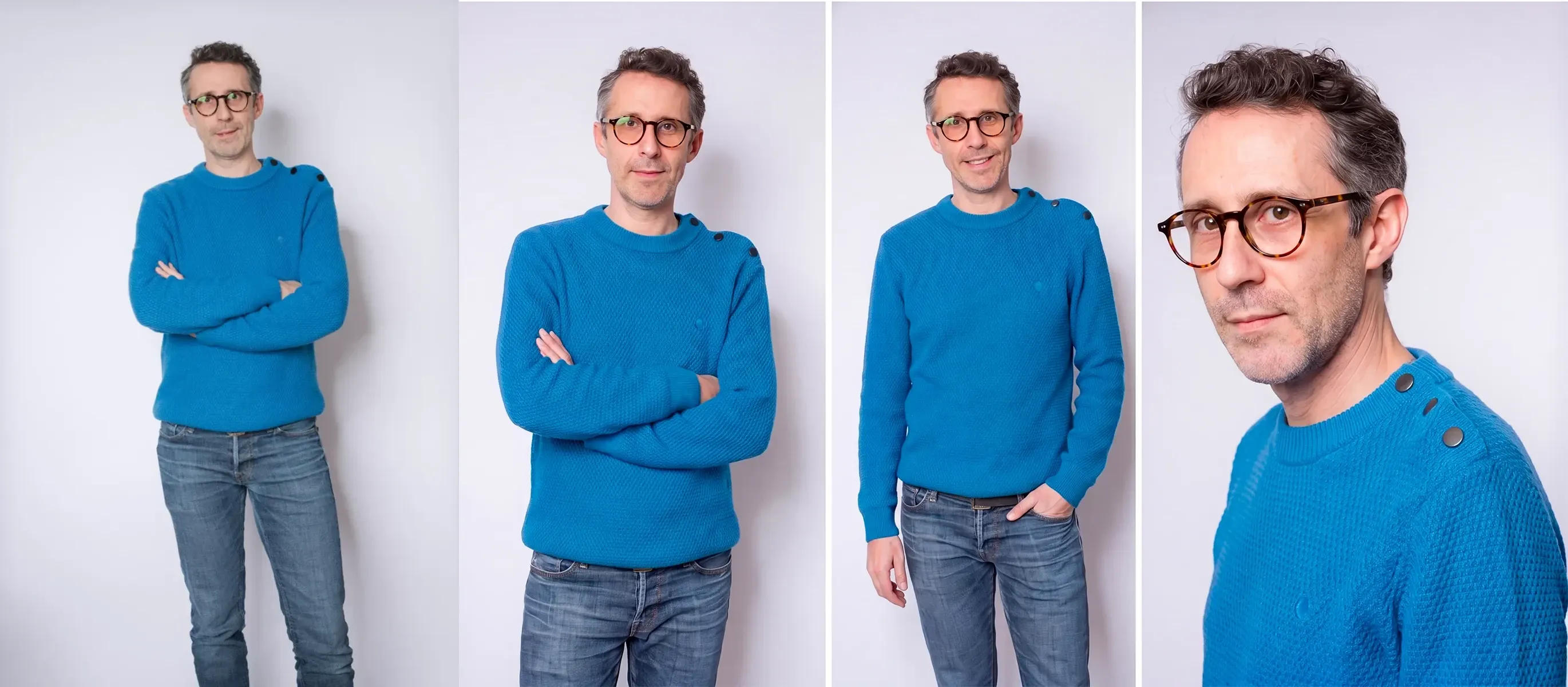 Direction artistique IA à partir d'une photo existante : portrait de référence studio à gauche, trois rendus corporate harmonisés à droite