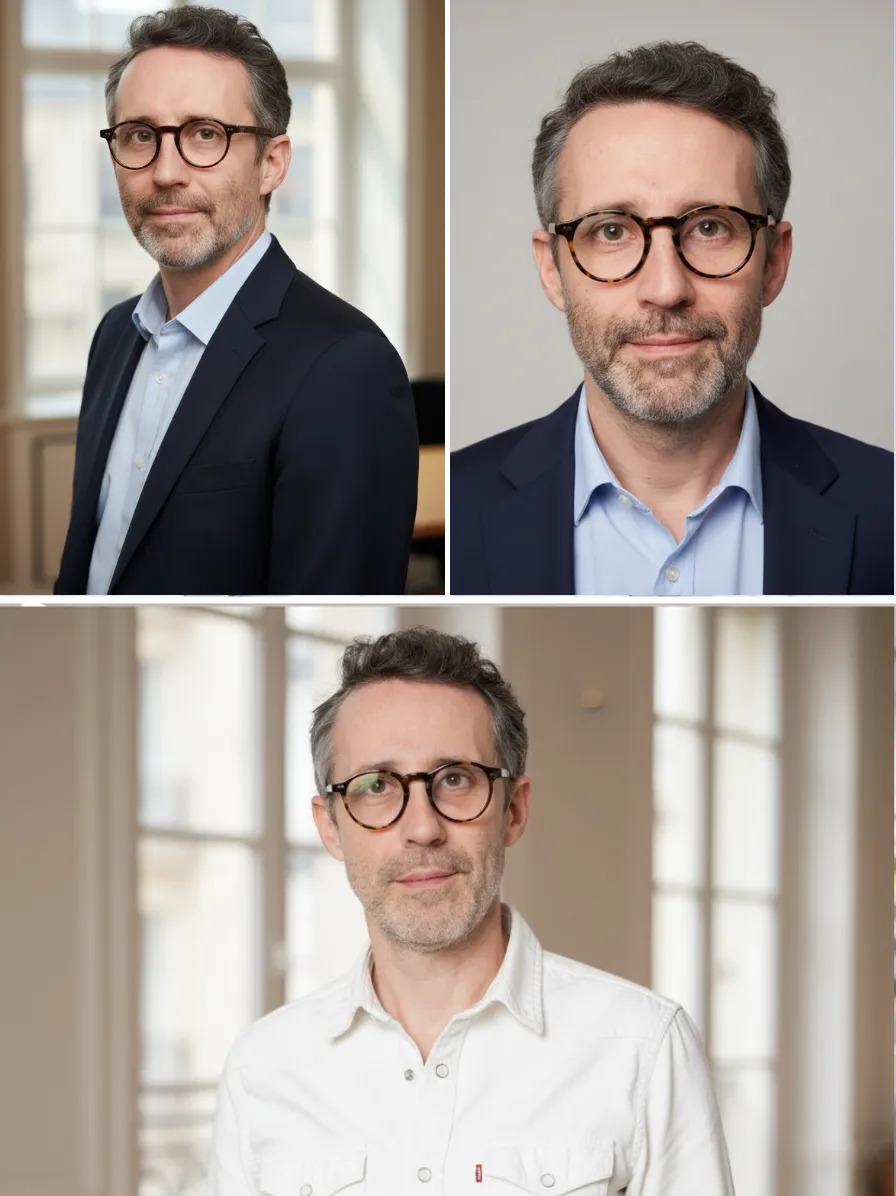 Série de portraits d'équipe alignés sur une même direction artistique, lue comme signal de gouvernance par les candidats