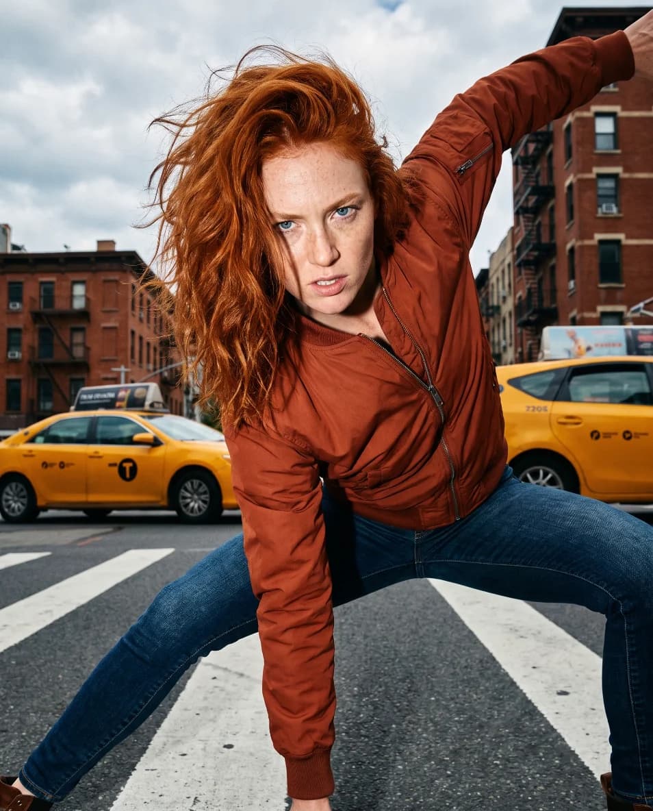 Rendu de mode éditoriale dirigé en IA : une femme rousse en blouson bomber terracotta et jean, en appui bas sur les bandes d'un passage piéton, taxis jaunes et immeubles en brique derrière elle, ciel couvert.